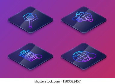 Set Isometric line Honey dipper stick, Honeycomb, Hive for bees and Honeycomb map of the world. Blue square button. Vector