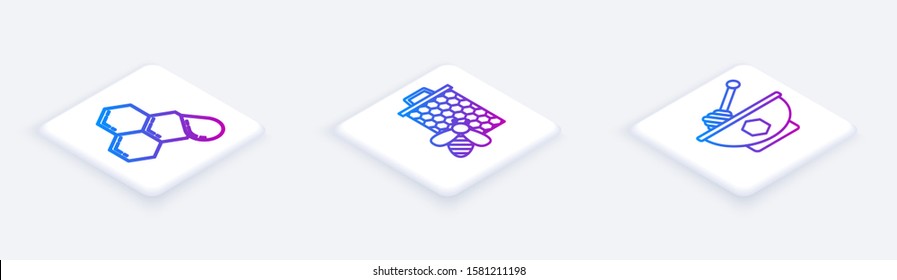 Set Isometric line Honeycomb, Bee and honeycomb and Honey dipper stick and bowl. White square button. Vector