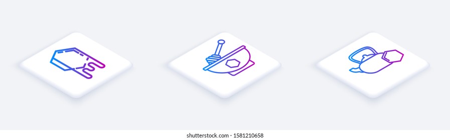 Set Isometric line Honeycomb, Honey dipper stick and bowl and Tea kettle with honey. White square button. Vector