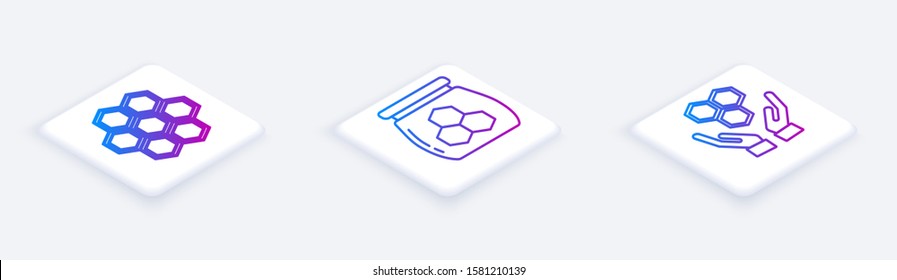 Set Isometric line Honeycomb, Jar of honey and Honeycomb and hands. White square button. Vector