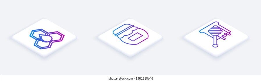 Set Isometric line Honeycomb, Jar of honey and Honey dipper stick with dripping honey. White square button. Vector