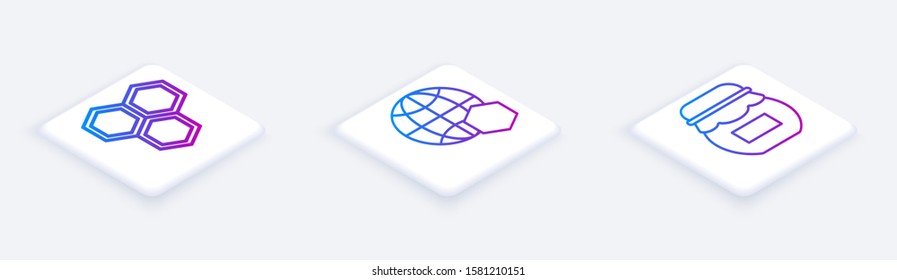 Set Isometric line Honeycomb, Honeycomb map of the world and Jar of honey. White square button. Vector
