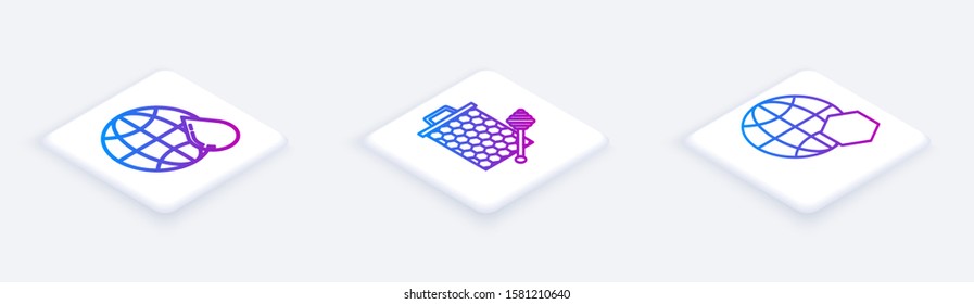 Set Isometric line Honeycomb map of the world, Honeycomb with honey dipper stickicon and Honeycomb map of the world. White square button. Vector