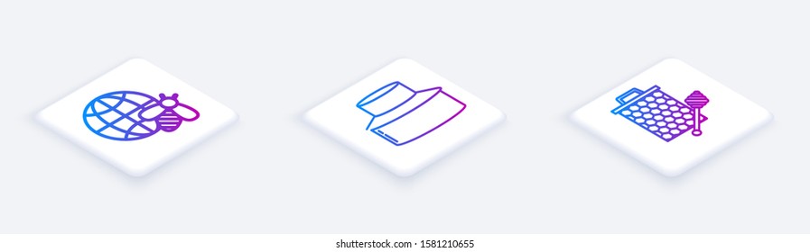 Set Isometric line Honeycomb map of the world and bee, Beekeeper with protect hat and Honeycomb with honey dipper stickicon. White square button. Vector
