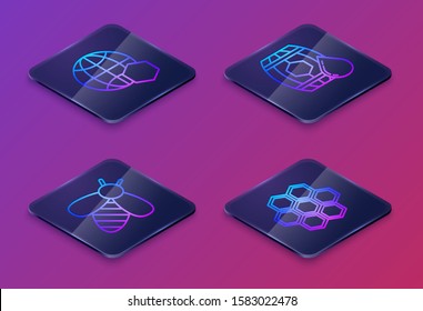 Set Isometric line Honeycomb map of the world, Bee, Wooden barrel with honey and Honeycomb. Blue square button. Vector