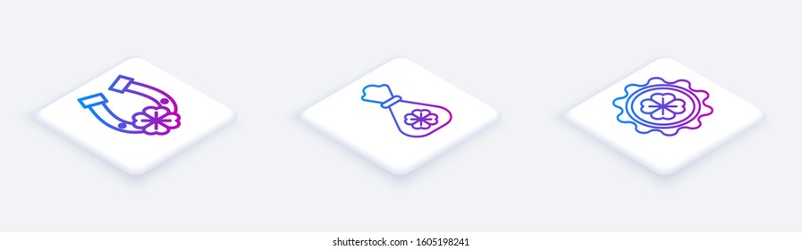 Set Isometric line Horseshoe with four leaf clover, Money bag with four leaf clover and Bottle cap with four leaf clover. White square button. Vector