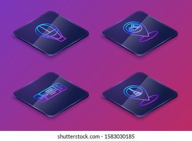 Set Isometric line Hot air balloon, Airline ticket, Map pointer with Egypt pyramids and Map pointer with Eiffel tower. Blue square button. Vector