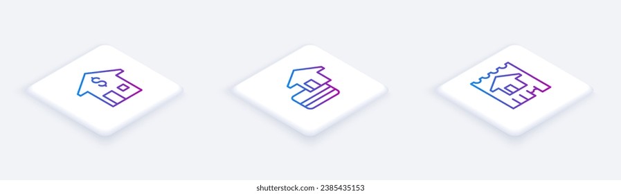 Set Isometric line House with dollar, Credit card and . White square button. Vector
