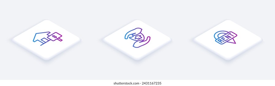 Establecer línea isométrica Casa con dólar, escudo y clave de ubicación. Botón cuadrado blanco. Vector