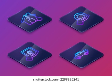 Set Isometric line House flood, Safe in hand, Lifebuoy and Car. Blue square button. Vector