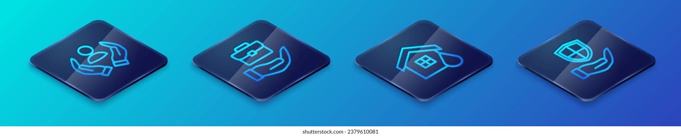 Set Isometric line House flood, Life insurance, Shield hand and Hand holding briefcase icon. Vector