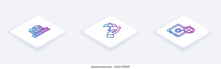 Set Isometric line House flood, Umbrella in hand and Safe with shield. White square button. Vector