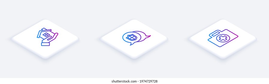 Set Isometric line House in hand, Location shield and First aid kit. White square button. Vector