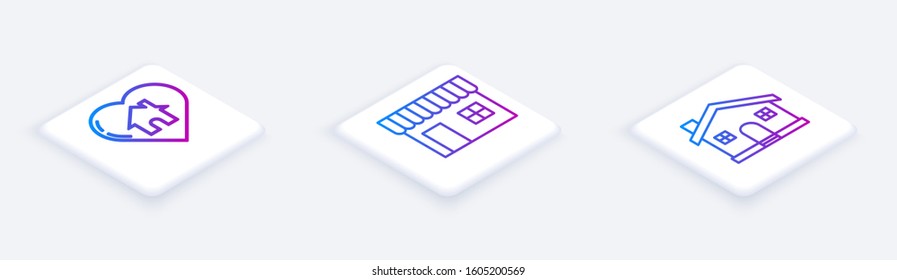 Set Isometric line House with heart shape, Shopping building or market store and House. White square button. Vector