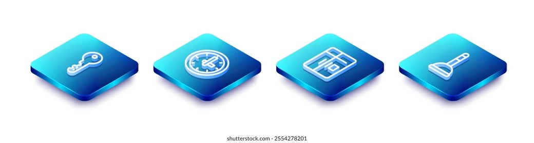 Set Isometric line House key, Clock, Refrigerator and Rubber plunger icon. Vector