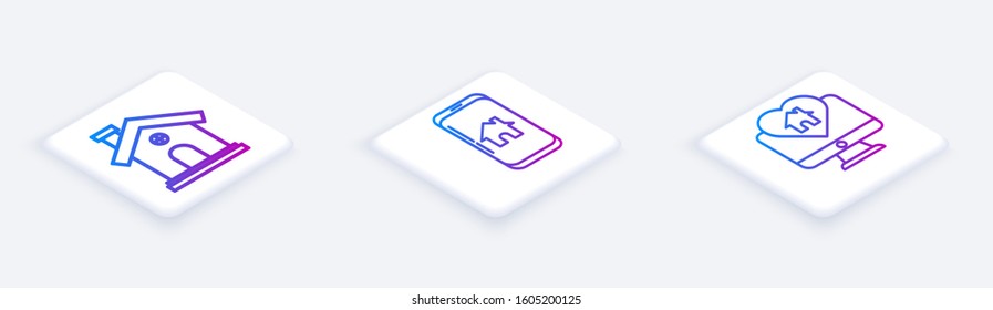 Set Isometric line House, Mobile phone with smart home and Monitor with house in heart shape. White square button. Vector