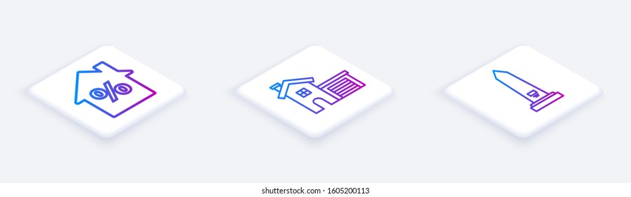 Set Isometric line House with percant discount tag, House and Washington monument. White square button. Vector