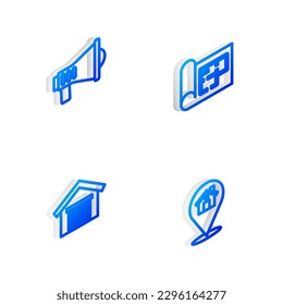 Set Isometric line House plan, Megaphone, Garage and Location with house icon. Vector