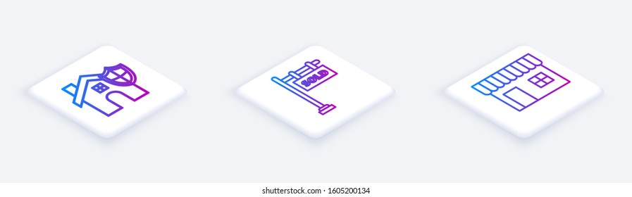 Set Isometric line House with shield, Hanging sign with text Sold and Shopping building or market store. White square button. Vector