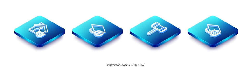 Conjunto de línea isométrica Casa con escudo, tapa de graduación y moneda, mazo de juez e icono. Vector
