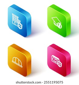 Set Isometric line House with shield, Graduation cap and coin, Worker safety helmet and Money icon. Vector