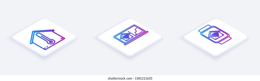 Set Isometric line House temperature, Laptop with smart home with wi-fi and Smart watch with smart home with wi-fi. White square button. Vector