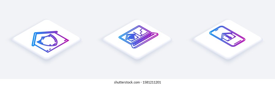 Set Isometric line House under protection, Laptop with smart home with wi-fi and Mobile phone with house temperature. White square button. Vector