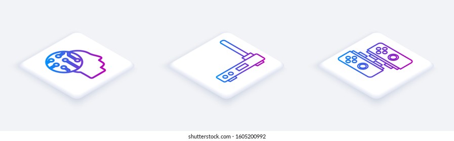 Set Isometric line Human brain as digital circuit board, Router and wi-fi signal and Gamepad. White square button. Vector