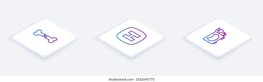 Set Isometric line Human broken bone, Hospital signboard and Ultrasound. White square button. Vector