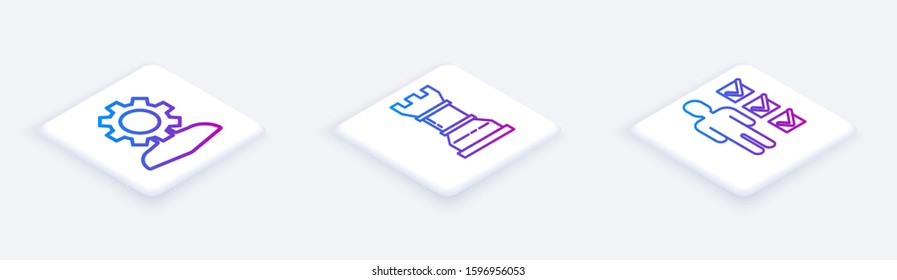 Set Isometric line Human with gear inside, Business strategy and User of man in business suit. White square button. Vector