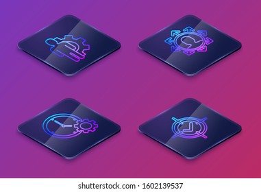 Set Isometric line Human with gear inside, Time Management, Project team base and Target and check mark. Blue square button. Vector