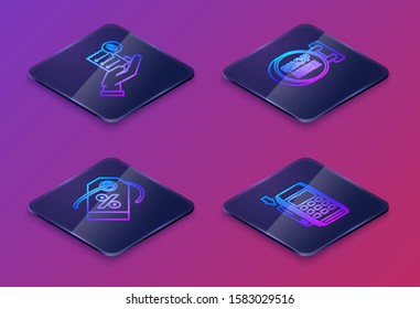 Set Isometric line Human hand holding with blank receipt or bill for payment, Discount percent tag, Signboard hanging with an inscription shop here and Pos terminal with inserted credit card. Vector