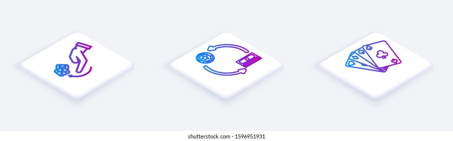 Set Isometric line Human hand throwing game dice, Casino chips exchange on stacks of dollars and Playing cards. White square button. Vector