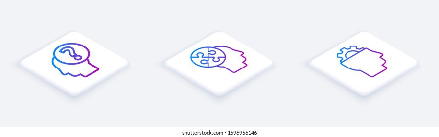 Set Isometric line Human head with question mark, Human head puzzles strategy and Human with gear inside. White square button. Vector