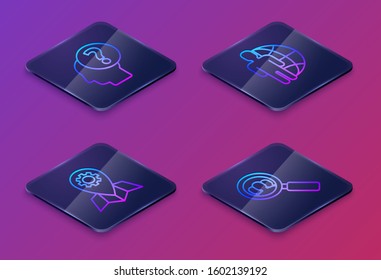 Set Isometric line Human head with question mark, Location job, Globe and people and Magnifying glass for search a people. Blue square button. Vector