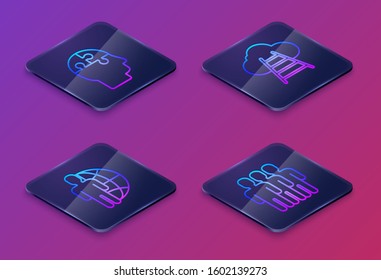 Set Isometric line Human head puzzles strategy, Globe and people, Ladder leading to cloud and Users group. Blue square button. Vector