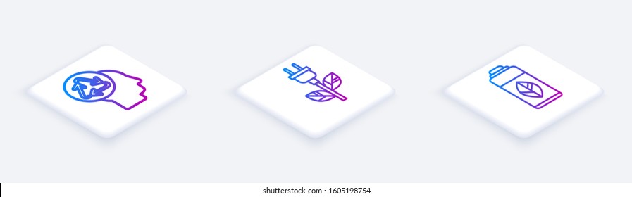 Set Isometric line Human head with recycle, Electric saving plug in leaf and Recycling plastic bottle. White square button. Vector