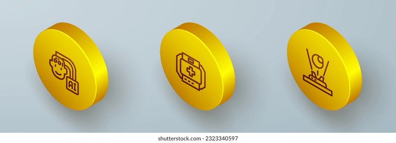 Set Isometric line Humanoid robot, First aid kit and Hologram icon. Vector