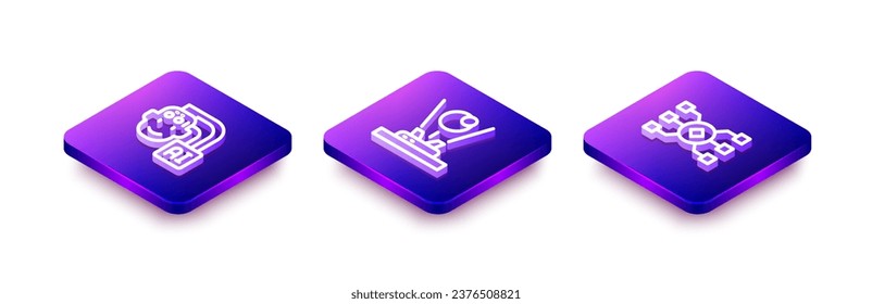 Set Isometric line Humanoid robot, Hologram and Neural network icon. Vector