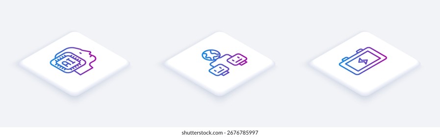 Conjunto Línea isométrica Robot humanoide, inteligencia artificial y batería. Botón cuadrado blanco. Vector