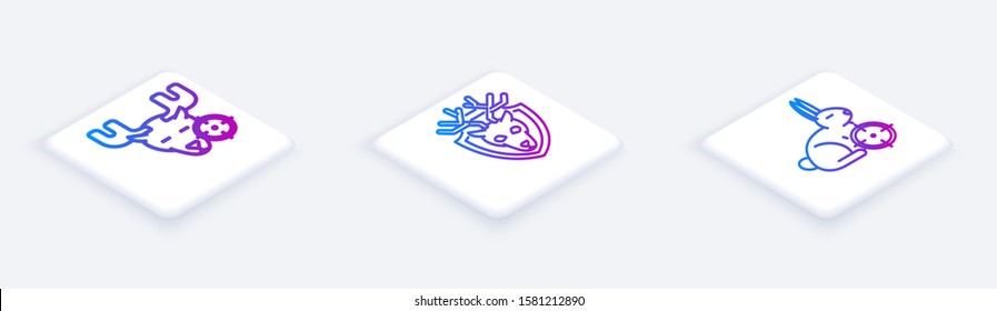 Set Isometric line Hunt on moose with crosshairs, Deer head with antlers on shield and Hunt on rabbit with crosshairs. White square button. Vector