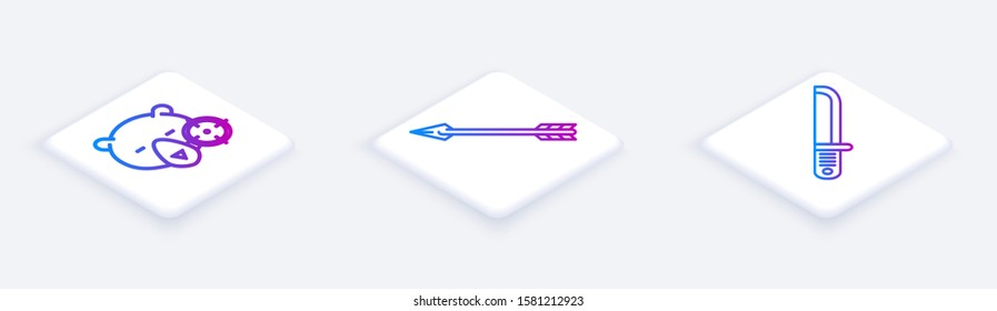 Set Isometric line Hunt on bear with crosshairs, Hipster arrow and Hunter knife. White square button. Vector