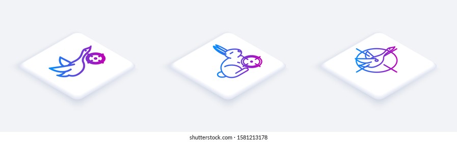 Set Isometric line Hunt on duck with crosshairs, Hunt on rabbit with crosshairs and Hunt on duck with crosshairs. White square button. Vector