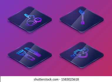 Set Isometric line Hunt on rabbit with crosshairs, Flashlight and knife, Flame arrow and Moose horns on shield. Blue square button. Vector