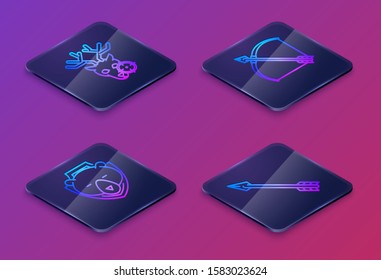 Set Isometric line Hunt on deer with crosshairs, Bear head on shield, Bow and arrow in quiver and Hipster arrow. Blue square button. Vector