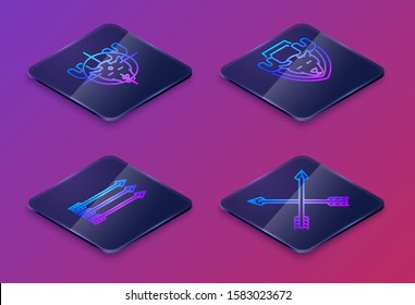 Set Isometric line Hunt on moose with crosshairs, Hipster arrows, Moose head on shield and Crossed arrows. Blue square button. Vector