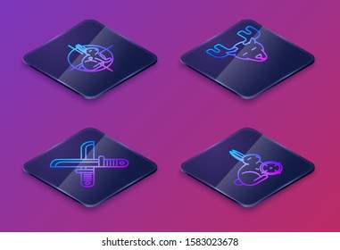 Set Isometric line Hunt on rabbit with crosshairs, Crossed hunter knife, Moose head with horns and Hunt on rabbit with crosshairs. Blue square button. Vector