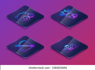 Set Isometric line Hunt on bear with crosshairs, Bow and arrow in quiver, Hunt on deer with crosshairs and Trap hunting. Blue square button. Vector