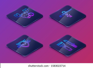 Set Isometric line Hunt on moose with crosshairs, Deer antlers on shield, Gun shooting and Flashlight and knife. Blue square button. Vector