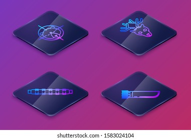 Set Isometric line Hunt on bear with crosshairs, Hunting cartridge belt with cartridges, Deer head with antlers and Quiver with arrows. Blue square button. Vector